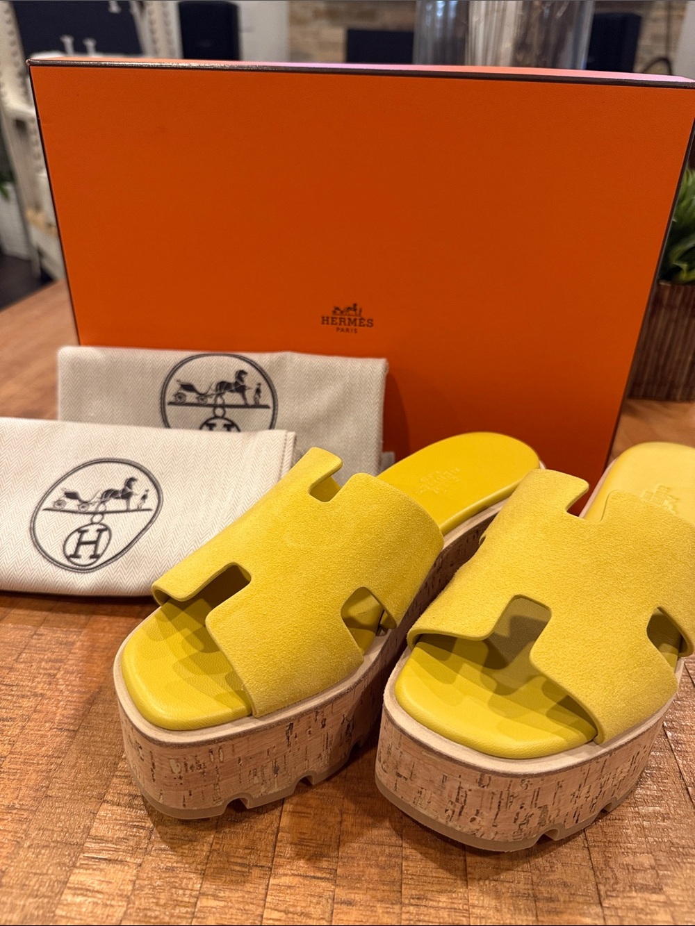 Brand new.Hermes Yellow Suede Cork Platform Slides